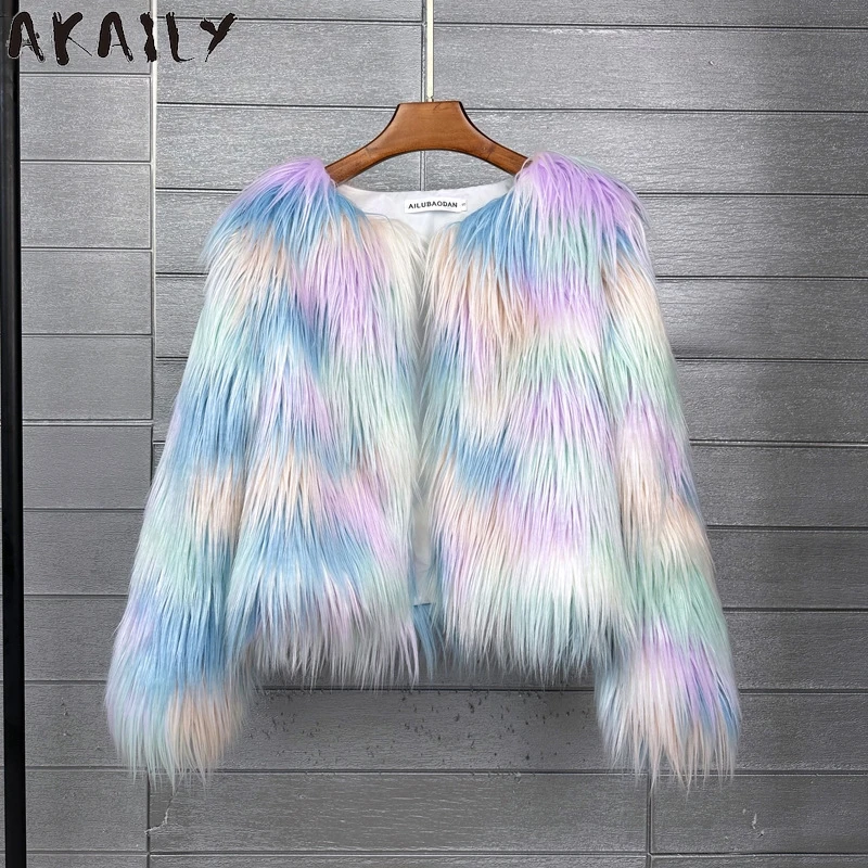 Akaily Colorful Warm Faux Women Fur Coat Loose Black White Pink Plush Coat 2024 Female Jacket Fur Autumn Winter Shaggy Outerwear