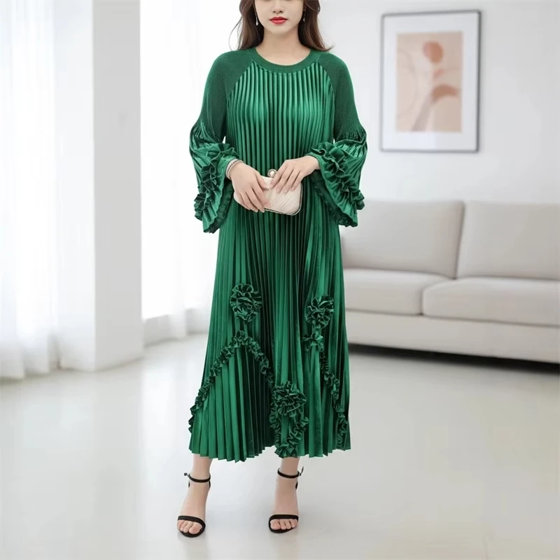 EGRM Pleated Women's Dress Stringy Selvedge Patchwork Design High-End Flare Sleeve Tie Waist Loose Miyaki Casual Clothing 8G6106
