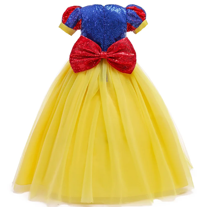 Girls Snow White Costume Puff Sleeve Big Bow Sequins Princess Dress+Crown For Kids Carnival Halloween New Year Birthday Dress-Up