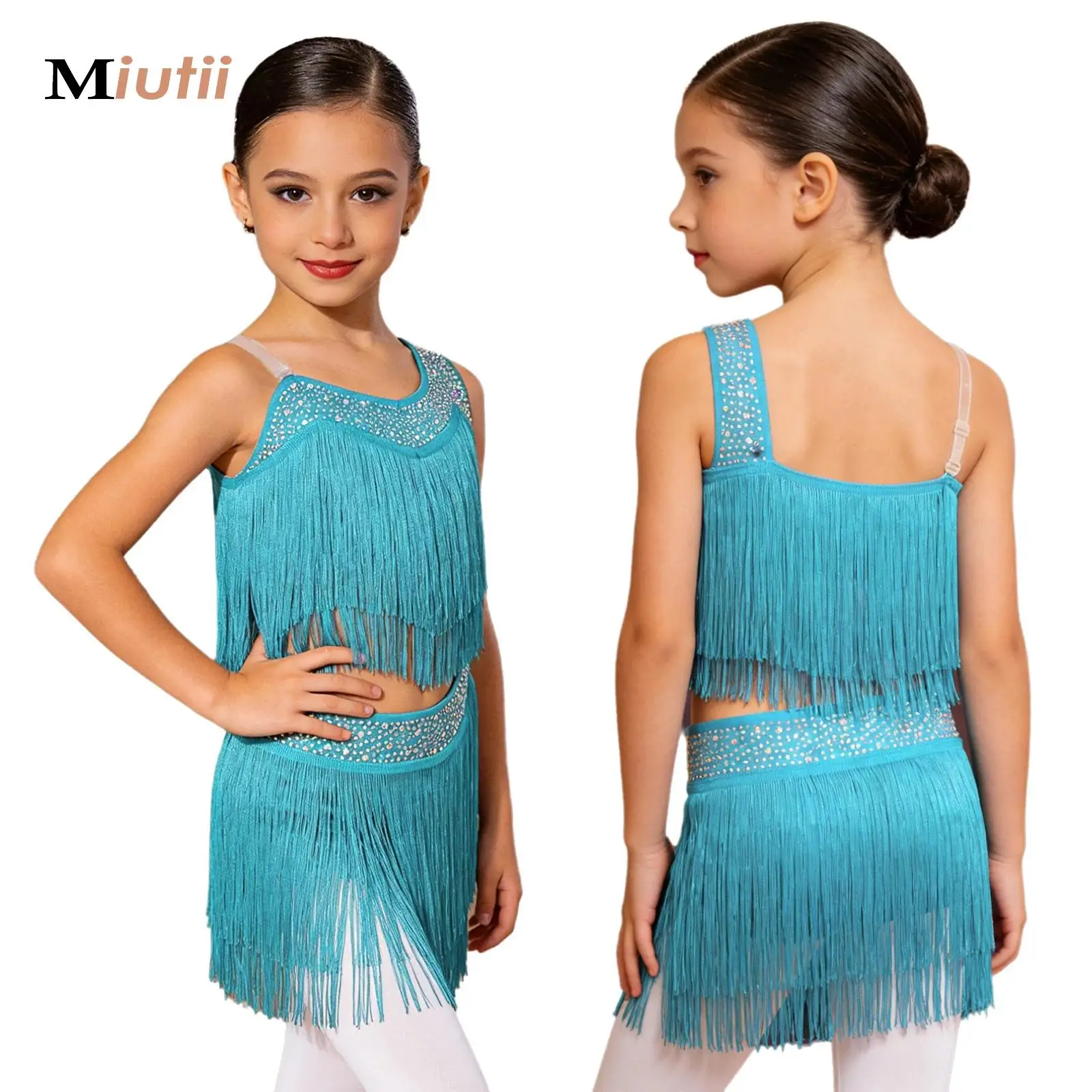 

Latin Tassel Leotards Dresses for Girls Kids Rhinestones Jazz Tango Chacha Sleeveless Fringe Dress Rumba Performance Dancewear