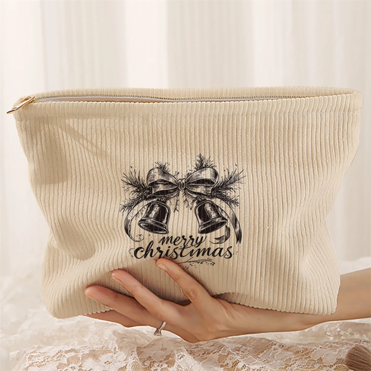 1 bolsa de maquillaje de pana con temática navideña, caja de almacenamiento de maquillaje ligera con cremallera, bolsa multifuncional con forro