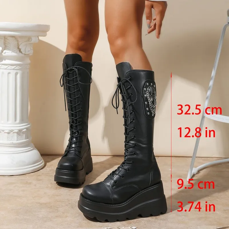 New Women's Boots 2026 Round Toe Wedge Lace Thick Sole Zipper Mid-Tube Boots Hot Girl Style High-Enhanced Shoes Large Size 36-43