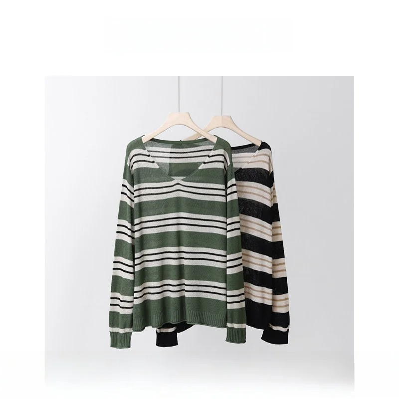 

Модная вязаная кофта из ледяного шелка с длинным рукавом, в полоску, с цветовыми блоками, от Pajiajia, свободного кроя, с круглым вырезом, укороченная, весна 2025