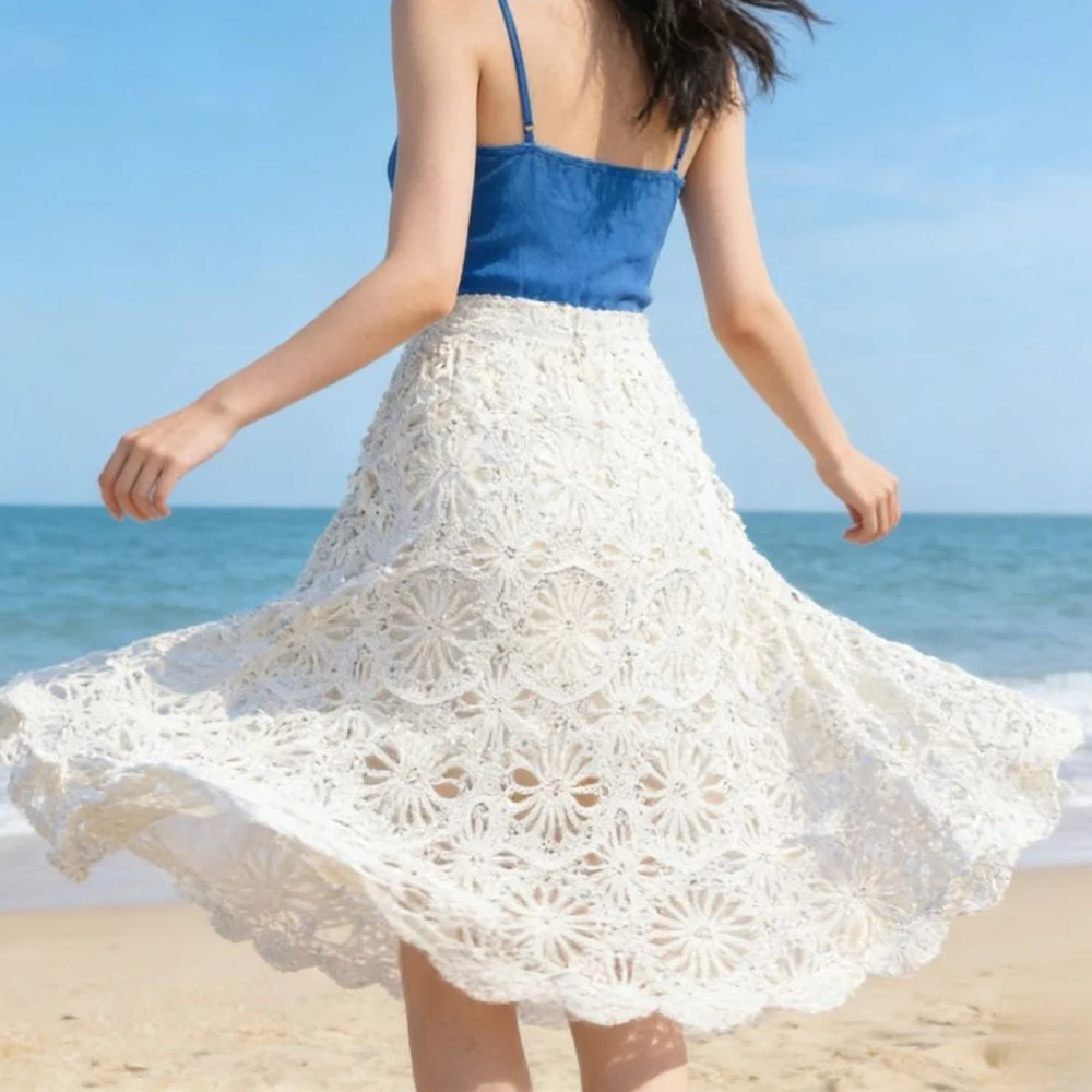 2026 spring/summer skirt hooked cut-out sequin cotton slimming skirt niche concept embroidered mid-length model