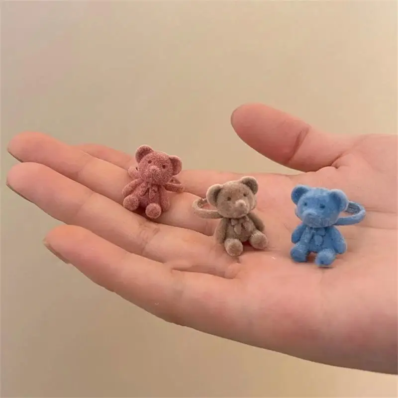 Fall Winter Flocking Rings For Women Girls Plush Bear Open Rings Adjustable Cartoon Ring Handmade Plush Jewelry Accessories