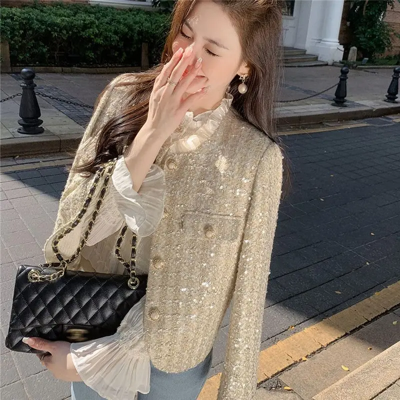 Women Sparkling Woolen Tweed Sequined Blazers Coat Beading Suits Jacket OL Lace Patchwork O-Neck Collar Cardigan Spring Tops
