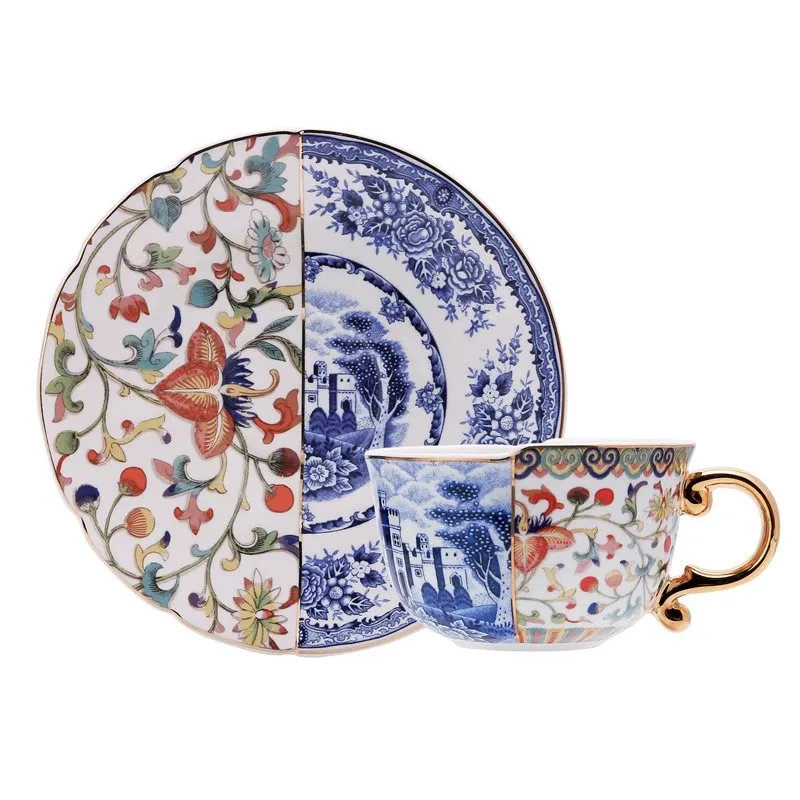 

Y European style gold inlaid blue and white retro light luxury ceramic coffee cup and plate set