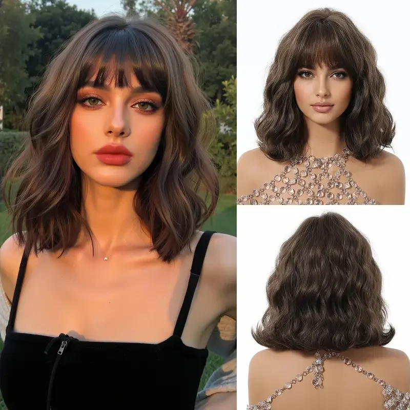 هنري مارجو بني داكن بوب شعر مستعار اصطناعي مع الانفجارات قصيرة الجسم متموجة شعر مستعار للنساء يوميا لوليتا براون الباروكات مقاومة للحرارة #1