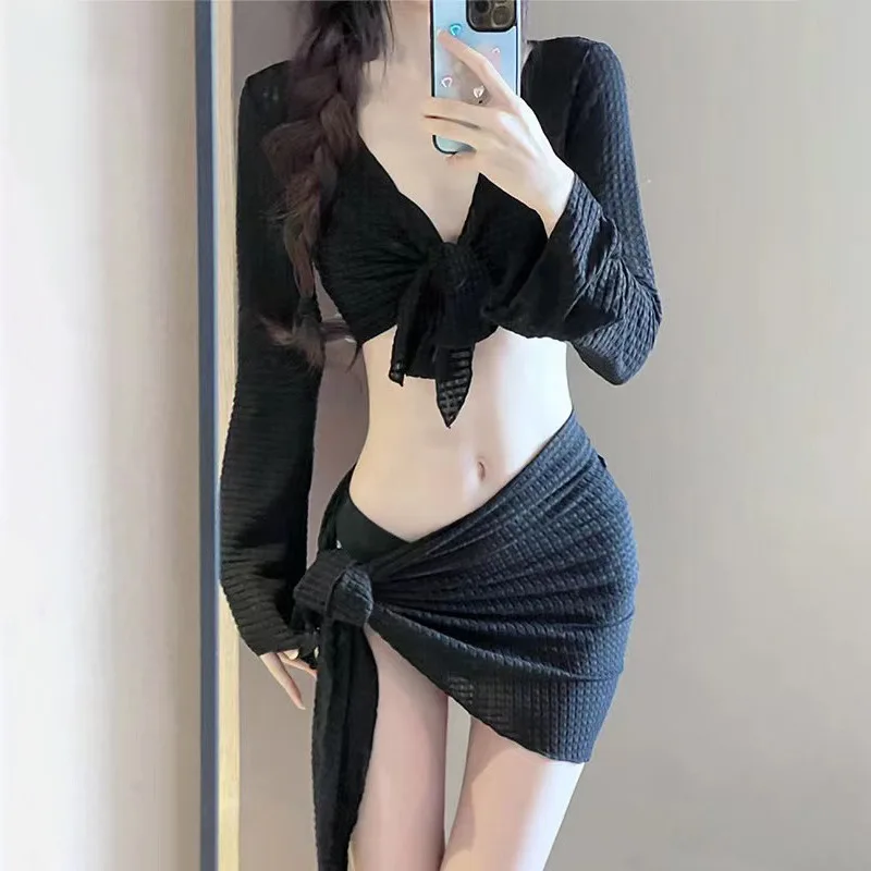 2024 White Korean Style Sweert Bikini Set High Waist Women Swimwear Two Piece Halter Swimsuit With Cardigan Cover Ups