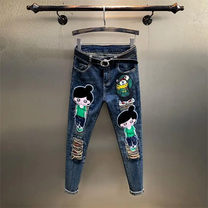 

Женские джинсы с высокой талией 2025: европейский стиль, мультяшный принт, облегающие брюки-карандаш, длинные повседневные свободные брюки для весны и осени