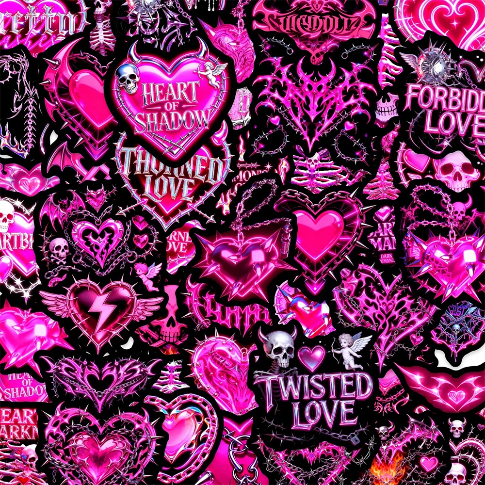 

10/30/50pcs Gothic Dark Pink Aesthetic Skull Stickers Cartoon Love Heart Sticker DIY Luggage Scrapbook Phone Cool Decals Packing