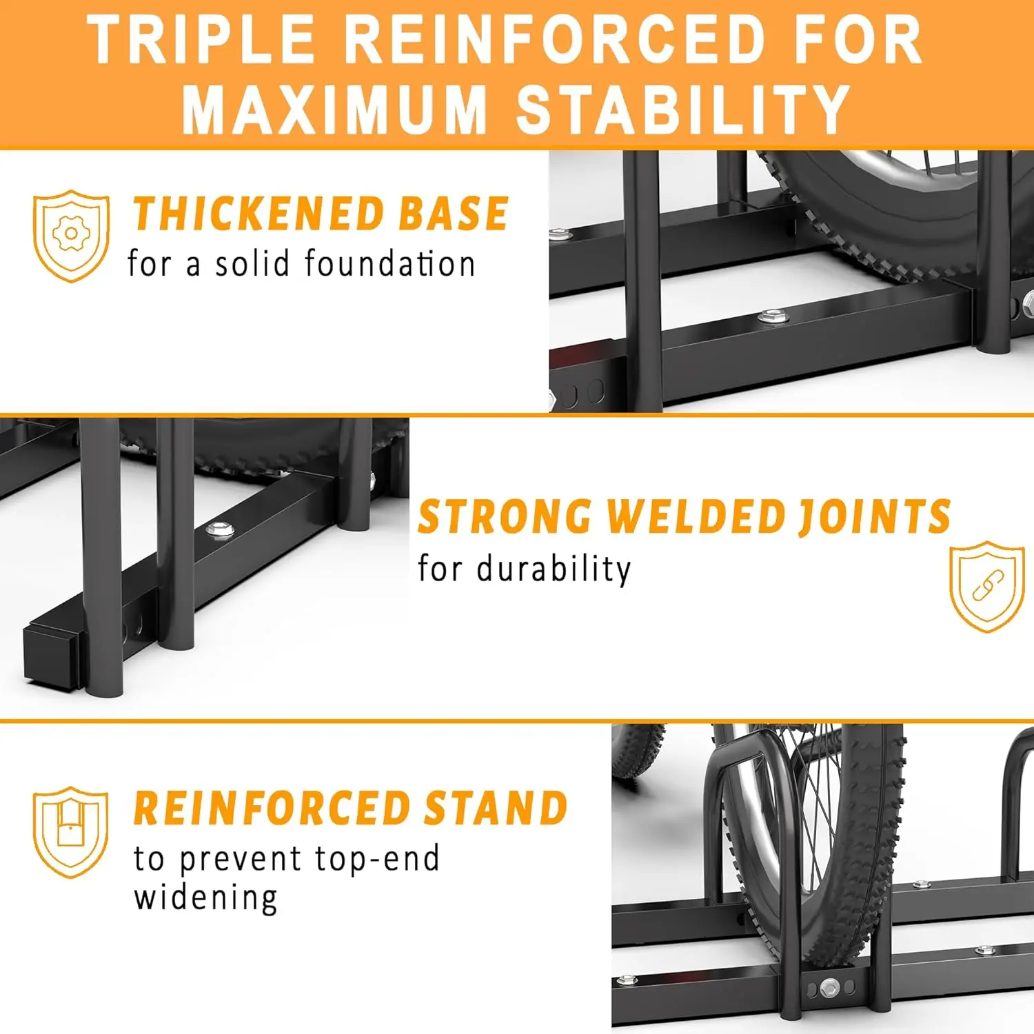 Support de rangement au sol pour 3 vélos pour une utilisation intérieure/extérieure, convient aux roues de 22 à 28 pouces, assemblage facile