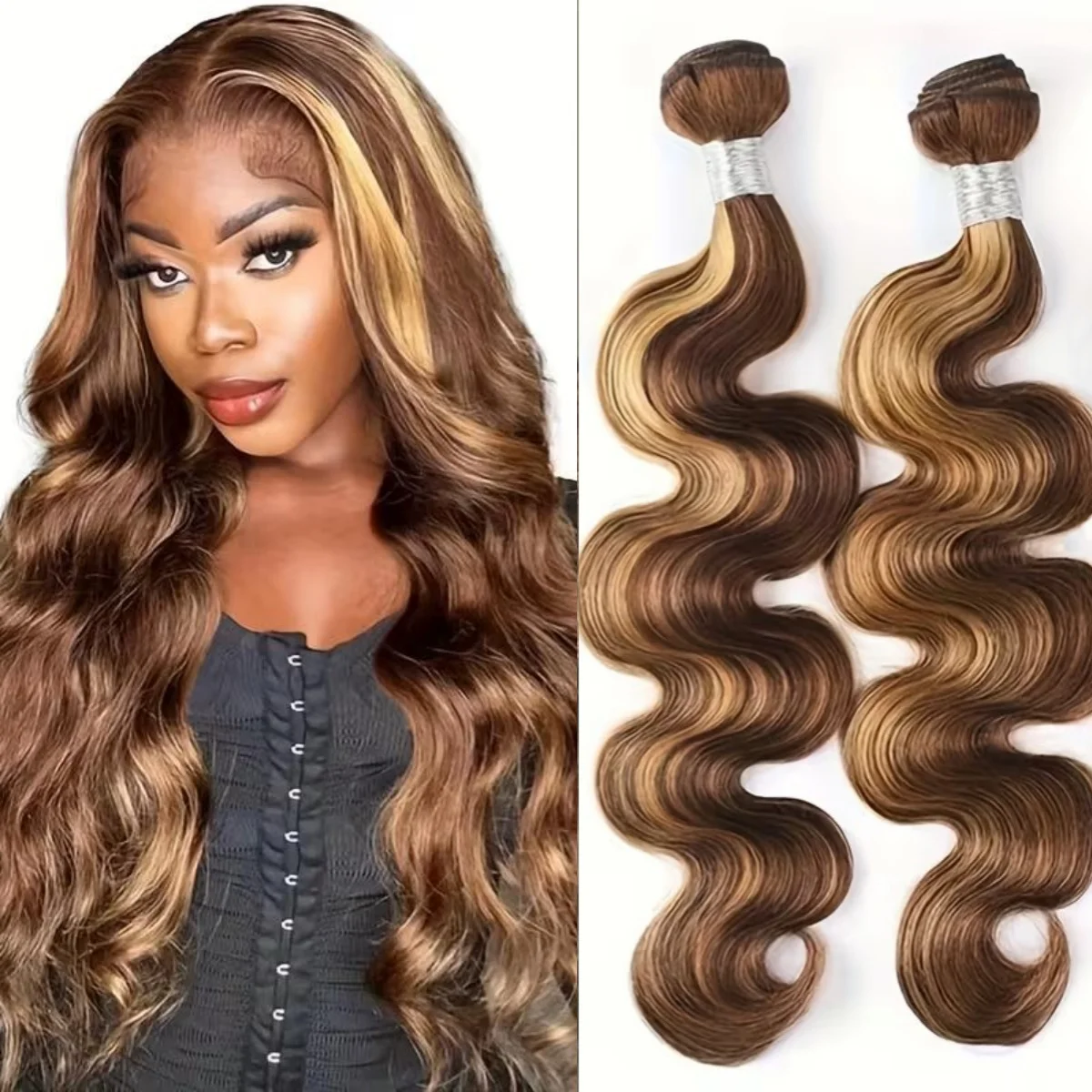

P4/27 Honey Brown Highlight Body Wave Bundles Human Hair1/3/4 Pcs Human Hair Bundle Blonde Hair Extensions Weaving
