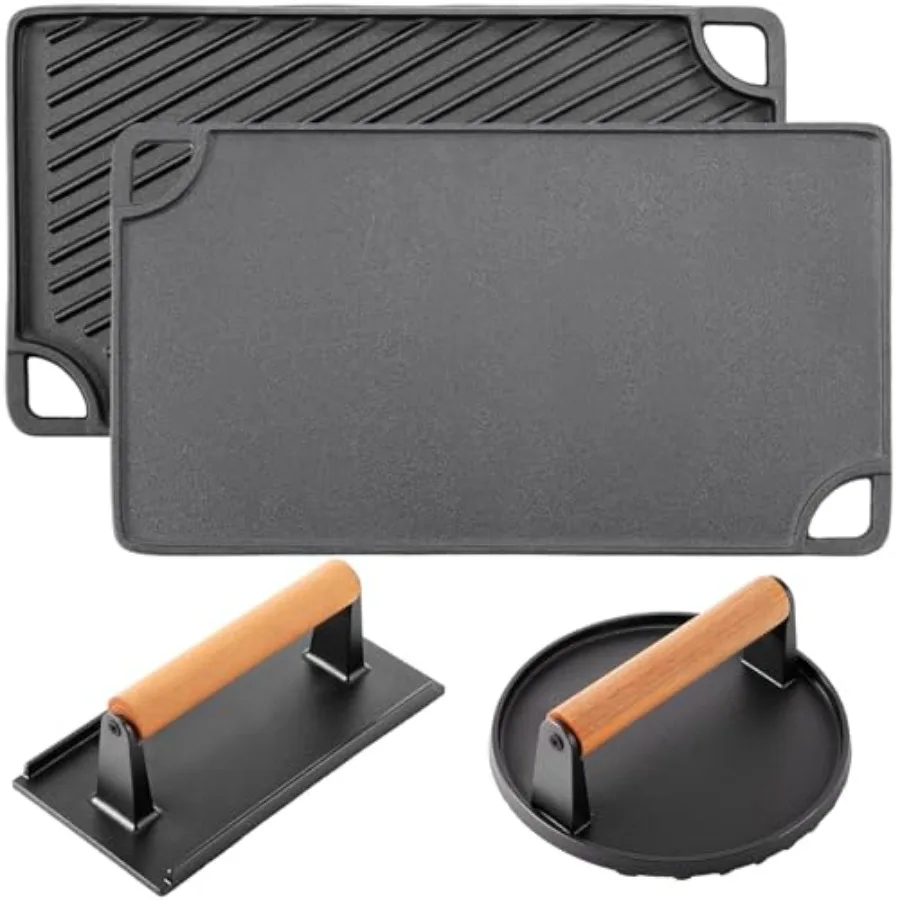 3-in-1 Cast Iron Grill Press Set Dual-sided Rectangular Round Grid Press Flat for Panini Steak Burger Heating Non-stick Heavy D