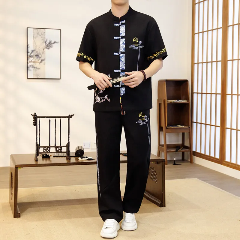 

Мужская рубашка с короткими рукавами и брюками в китайском стиле с воротником-стойкой и принтом, новинка лета 202, мужские удобные дышащие повседневные комплекты