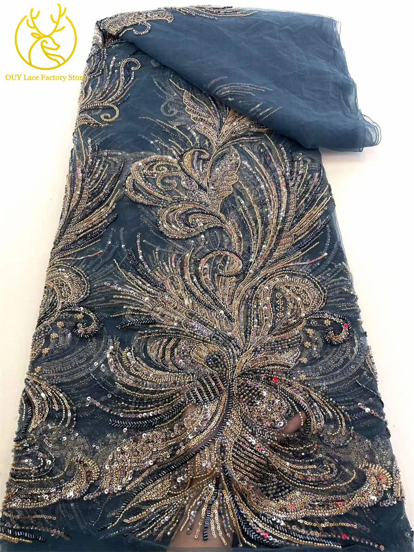 5 Yards luxuriöser afrikanischer Perlenstoff für Bräutigame 2026, exquisite nigerianische Pailletten-Stickerei-Spitze für Damen-Abendkleider zum Nähen – Detail 12