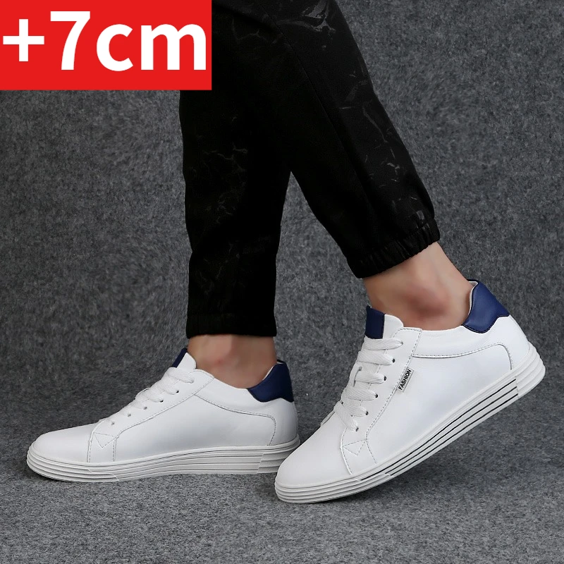 

Мужские кроссовки-невидимки для увеличения роста - белые, из премиальной кожи, на шнуровке, модные, увеличивающие рост на 7 см