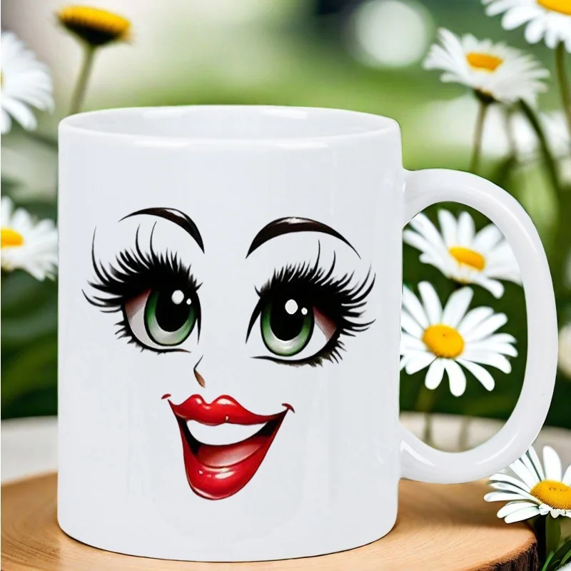 11oz Ceramic Coffee Cup Green Eye Smile Lashes Red Lip Pattern Dishwasher Safe Reusable Mug Gift for Friends Coffee Bar Accessor