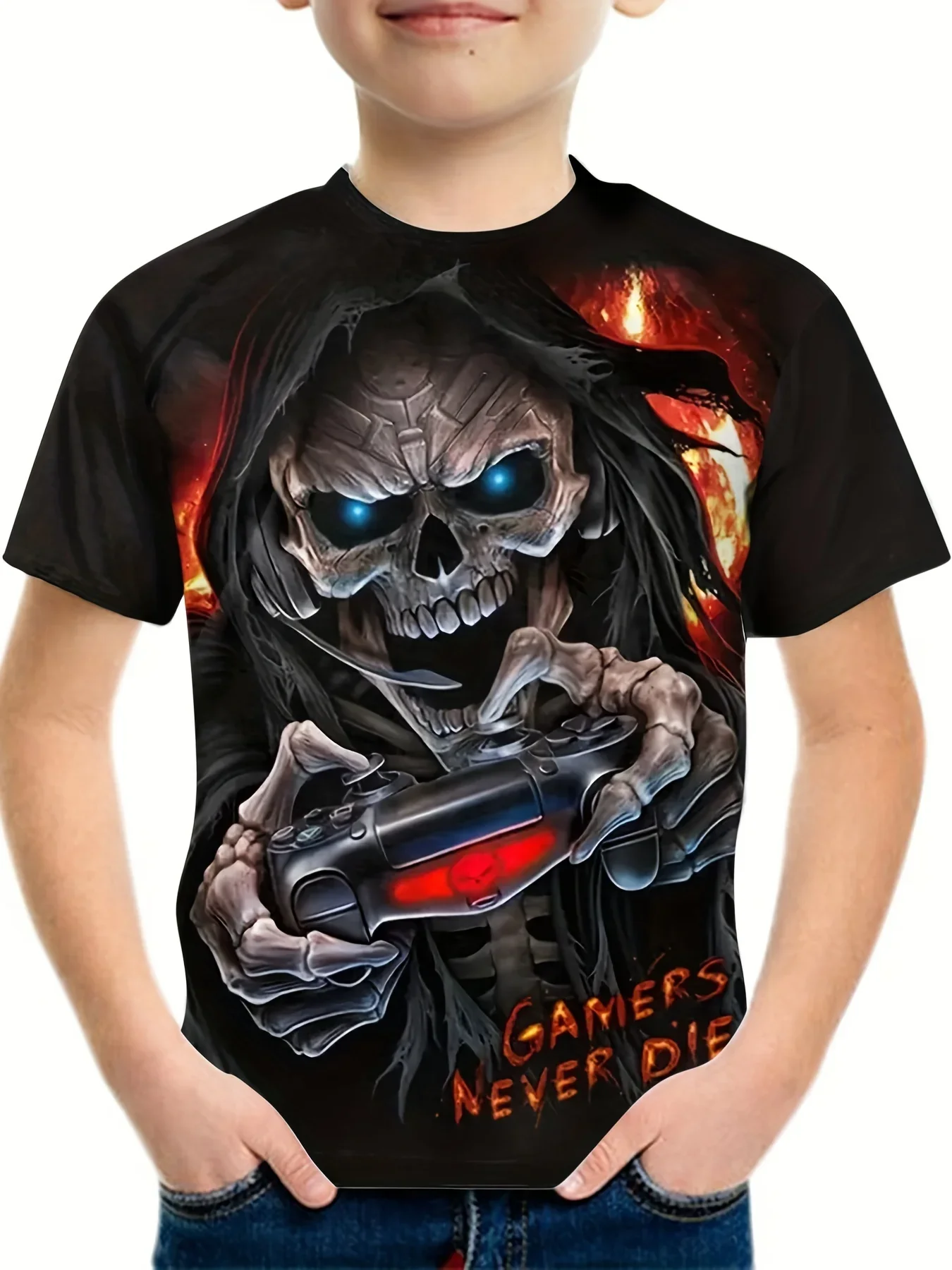 

Boys And Girls 3d Print Casual T-shirt Kids Creative Crazy Gamer Skull Graphic Short Sleeve Tee Stylish Streetwear Tops Clothing