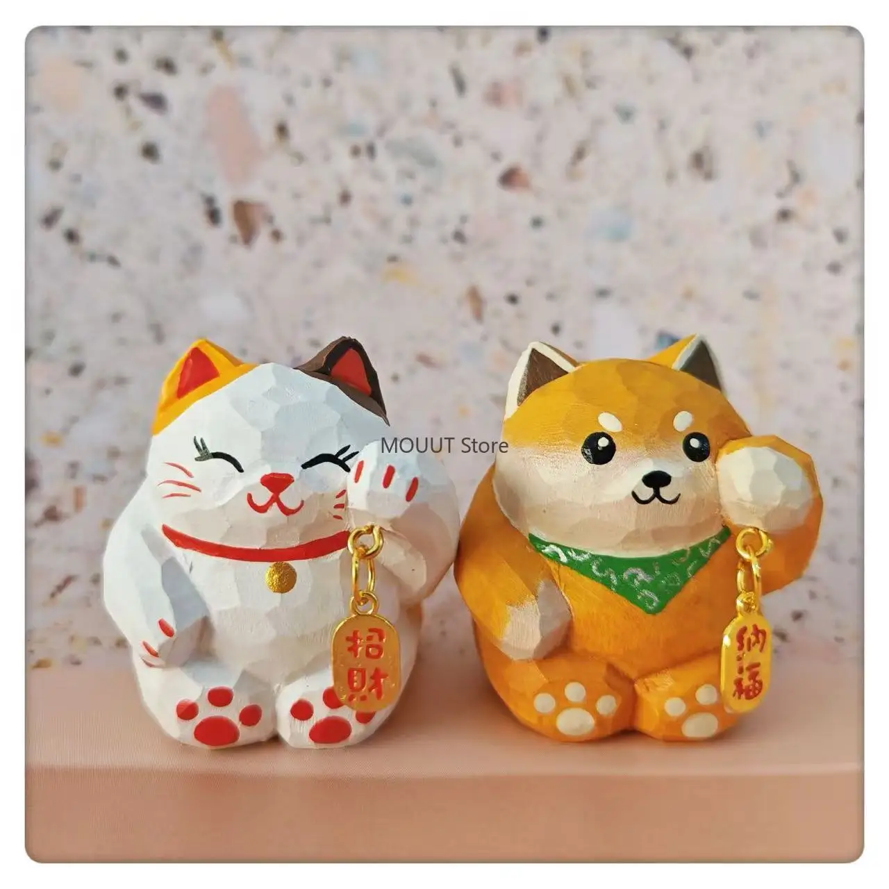 Hand-carved Wood Cat Figurines Cartoon Lucky Cat Ornament DIY Cute Desktop Car Auspicious Ornaments Room Decoration Accessories