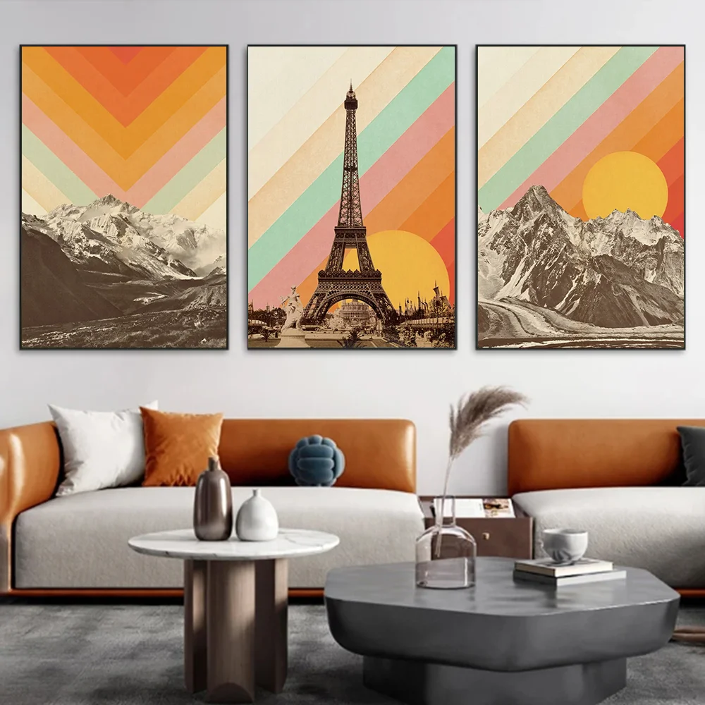 

Rainbow Canvas Painting,Eiffel Tower Art Posters Setting,Sun Mountainscape,HD Wall Pictures,Prints for Living Room,Office Decor