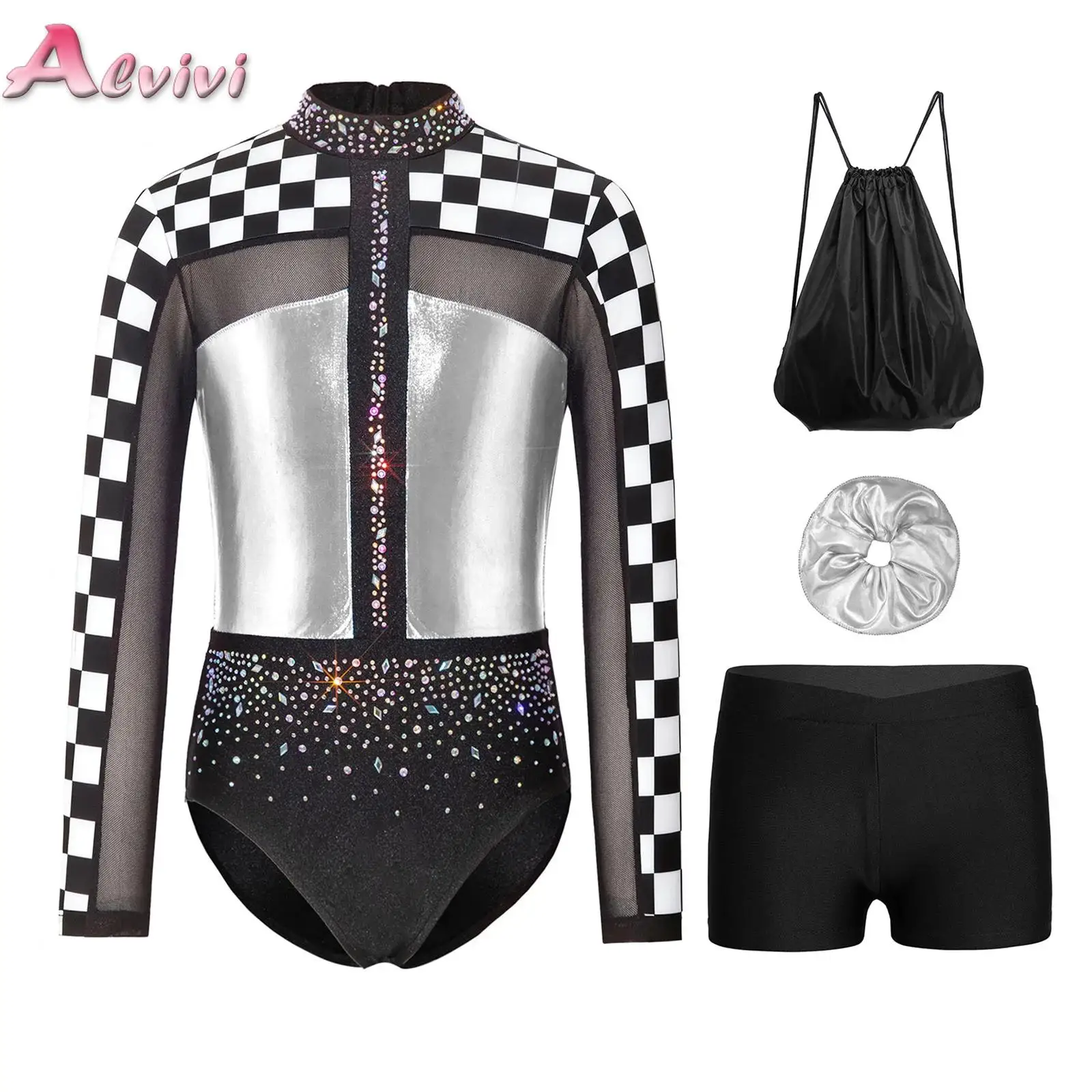

Girls Shiny Rhinestones Gymnastics Leotard Ballet Dance Outfit Sparkle Rhinestones Bodysuit And Shorts Set for Figure Skating