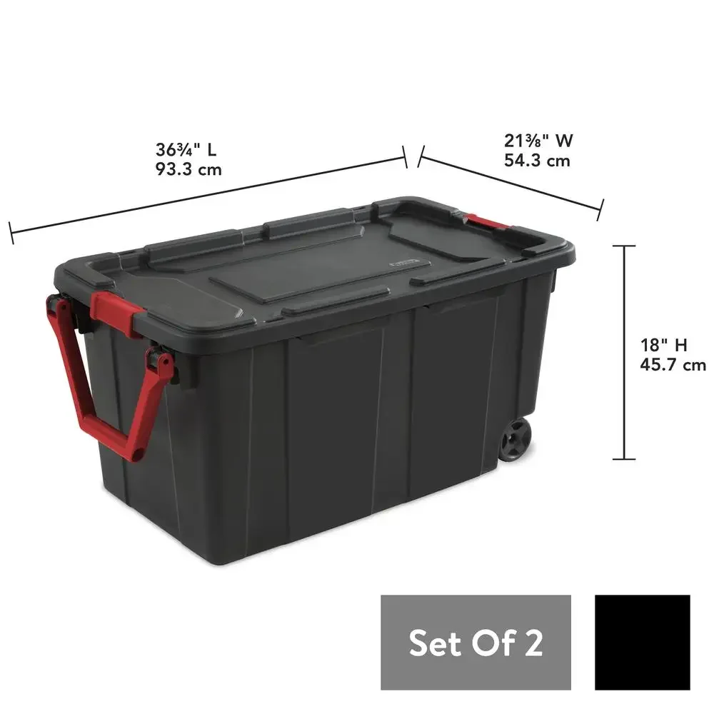 40 Gallon Industrial Tote Wheeled Plastic Storage Set of 2 Black Robust Latches Durable Channeled Walls Easy Pull Ergonomic