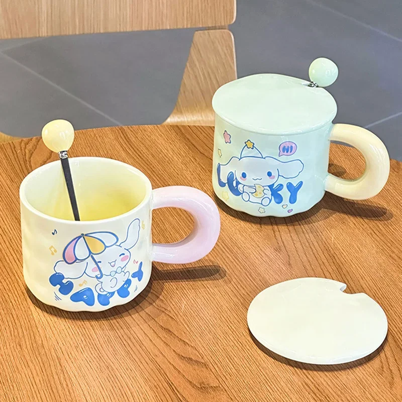 Sanrio Kawaii Cinnamoroll Ceramic Water Cup Anime Cartoon Creative Cute High-looking Ins-style Drinking Cups with Lid and Spoon