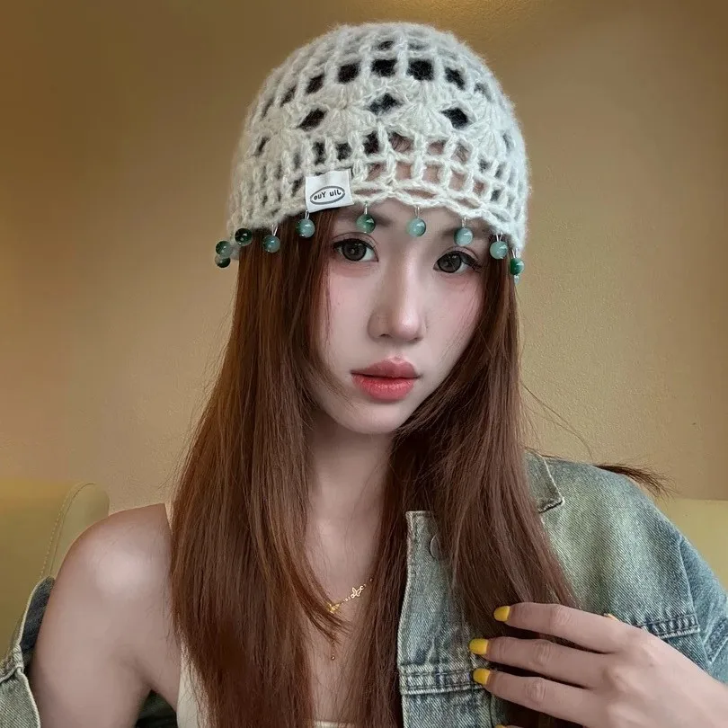 

Women's All-Season Ethnic Beanie - Hand-Woven Hollow Out Hat (56-58cm) with Pendant Decor for Daily Wear