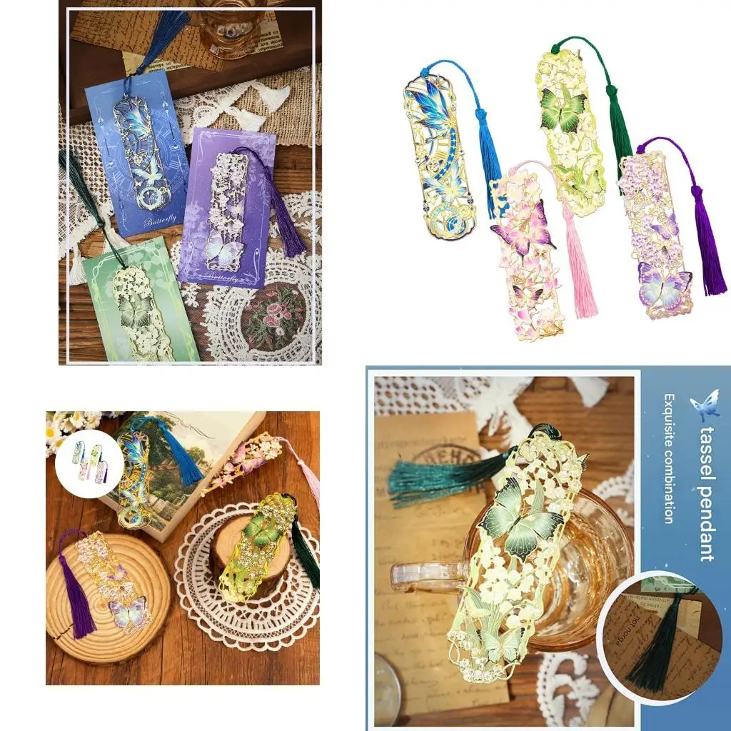 Metal Page Marker Bookmarks Set of 4 with Butterfly Designs, Tassels and Reading Markers for Books, Note and Document Review Use