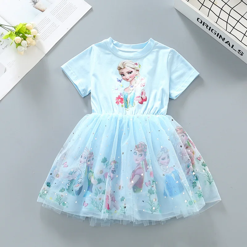 2024 Girls Dress Cartoon Summer Frozen Fashion Children\'s Elsa Princess Baby Girl Toddler Short Sleeve Cute Party Dresses 3-9Y