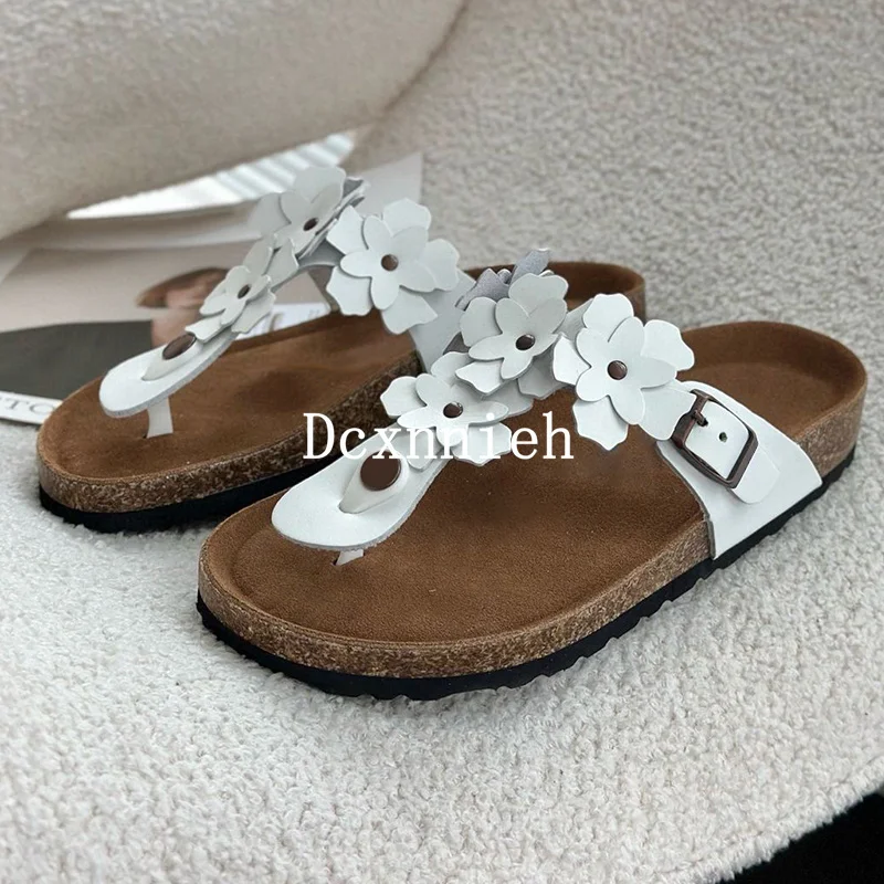 Summer New Flat Bottom Nubuck Leather Slippers Women's Solid Color Open Toe Flower Simple Sandals Outdoor Vacation Casual Shoes