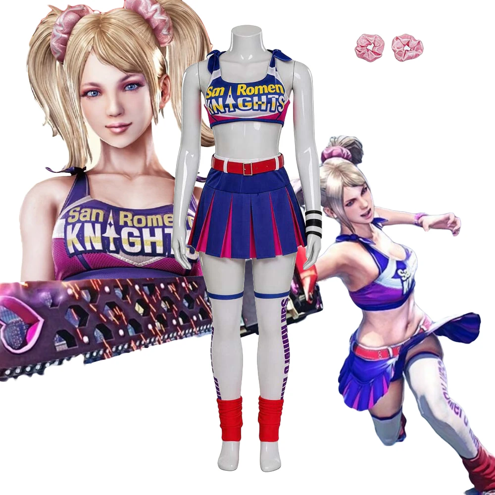 ロリポップチェーンソー-ジュリエット-コスプレ-ブルー-チアリード-jk-キャミトップとプリーツスカートセット衣装制服ハロウィンドレス女性用