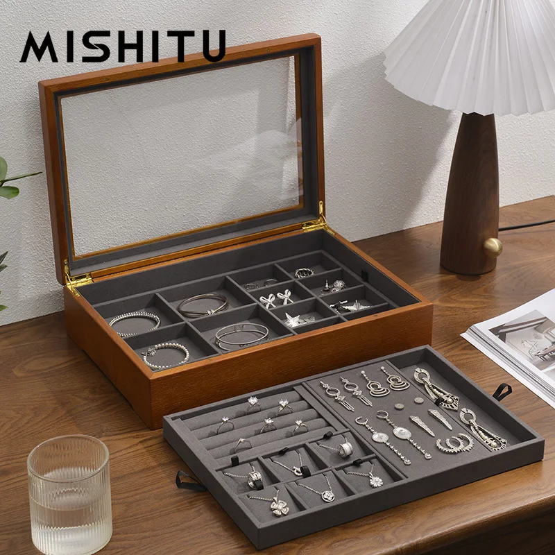 

MISHITU Multi-functional Double-layer Solid Wood Jewelry Box With Necklace Hook Earrings Ring Bracelet Storage Case Jewelry Box