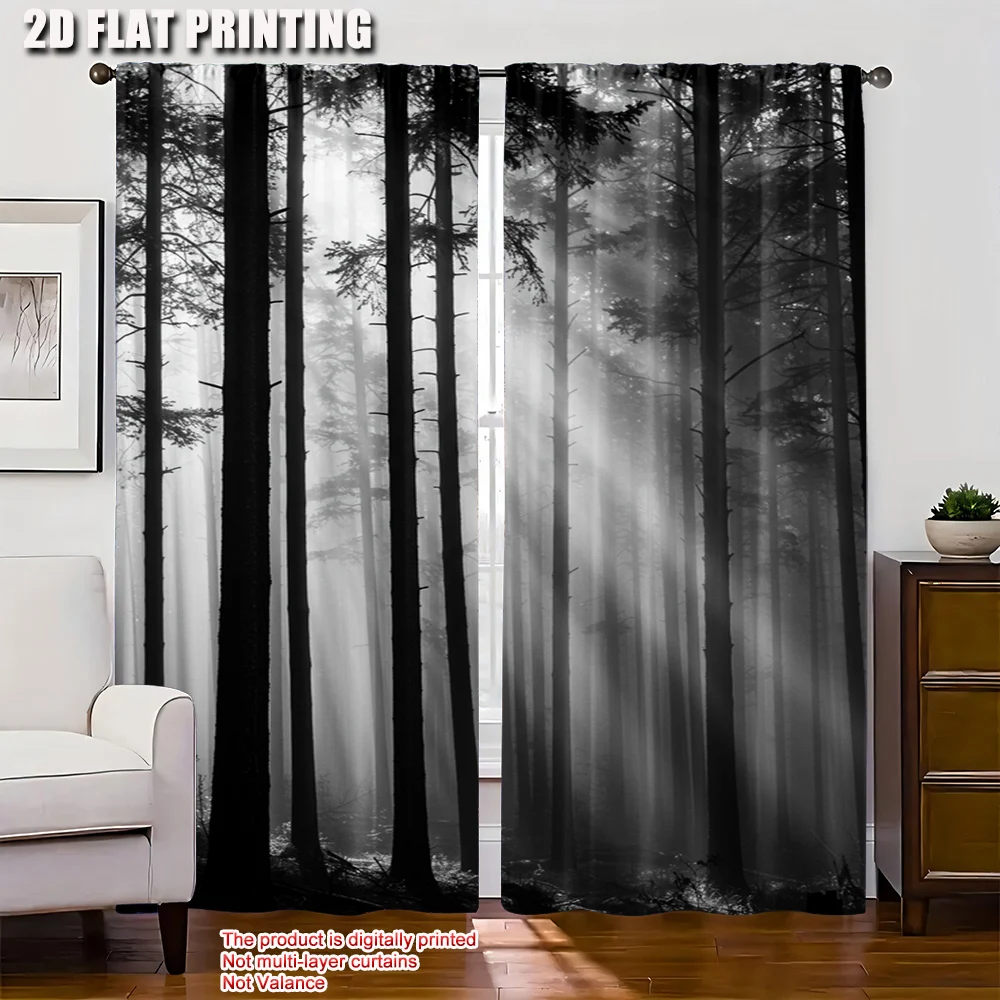 2pcs 2D flat printing Curtain Forest Trees Sunlight Black White Machine Washable Polyester Without Electricity Family Party Use