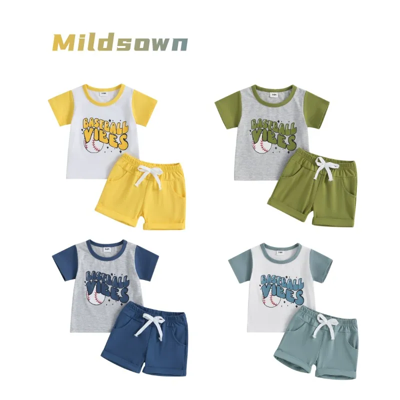 

Toddler Baby Boys Shorts Set Patchwor Color Letter Baseball Print T-shirt with Elastic Waist Roll Hem Pants Summer Outfits 0-24M