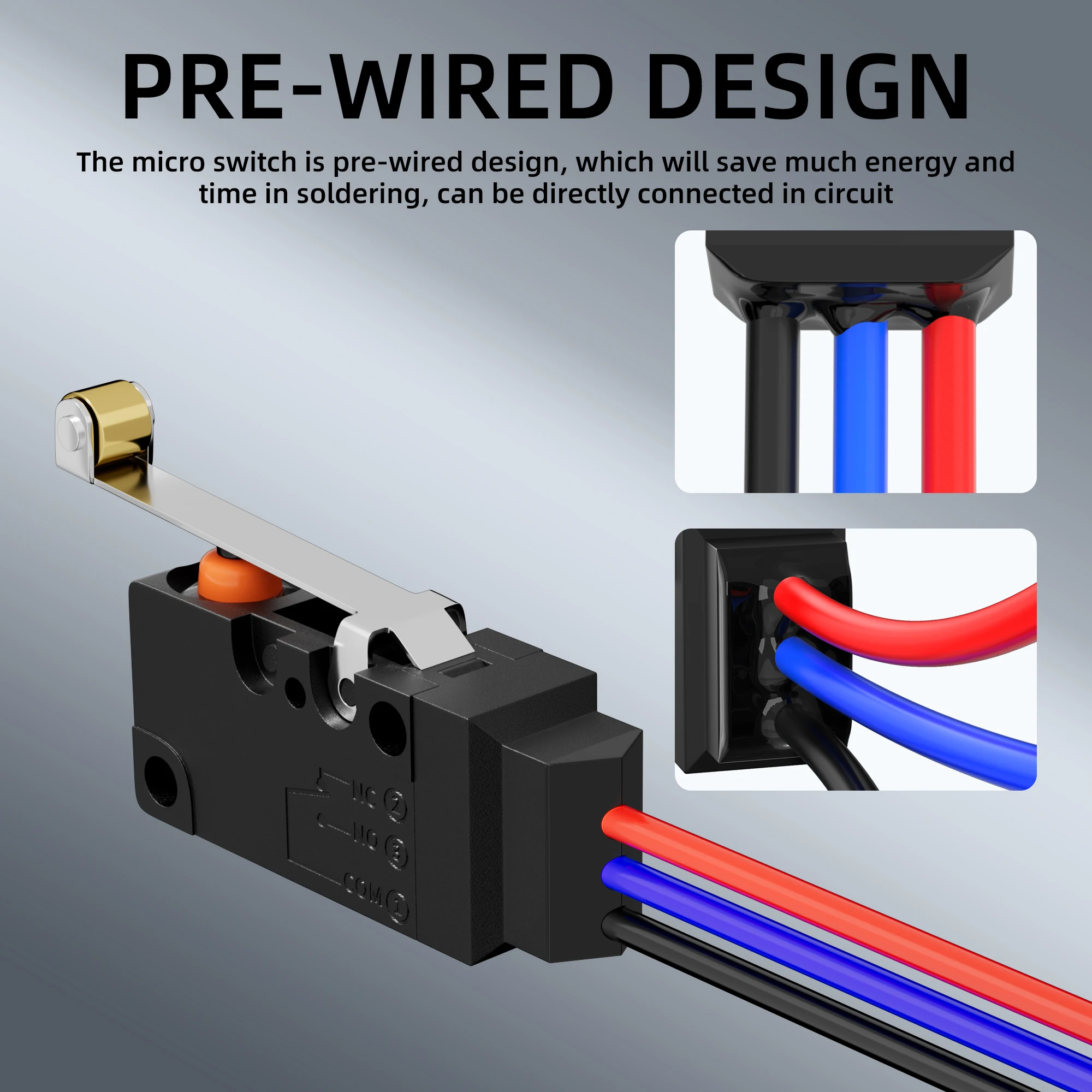 2PCS Waterproof Micro Limit Switch with Long Straight Roller Lever SPDT 3 PIN Pre-wired 10A 125 250V Micorswitch for Electronic