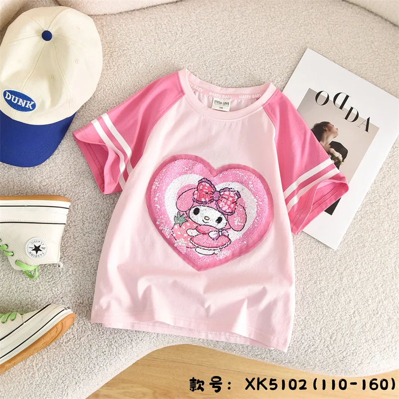 T-shirt anime dos desenhos animados infantis, tops de manga curta, presente menina respirável, Sanrio Hello Kitty Mymelody Kuromi Cinnamoroll, verão