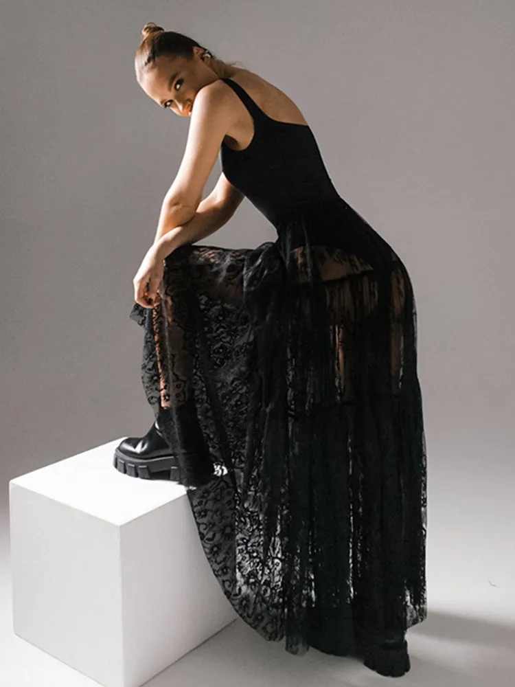 

BKLD Black Sexy Perspective Lace High Waisted Commuting Skirts 2025 Solid Color New Fashion Long Skirts Clothes For Women