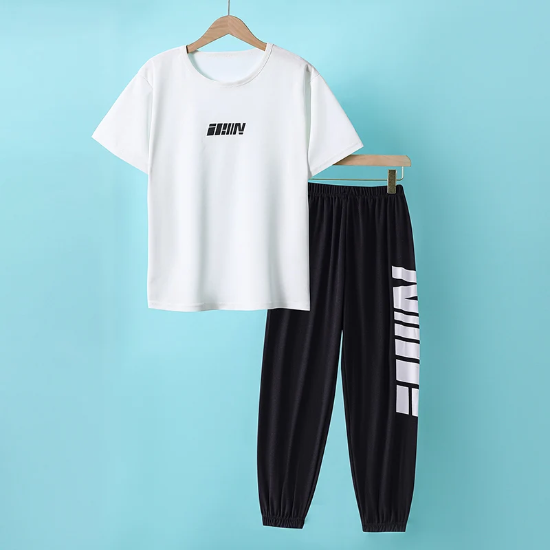 2-pcs الصيف الشباب أزياء إلكتروني مجموعة 13-16 سنة الفتيان والفتيات بسيطة ومتعددة الاستخدامات إلكتروني تي شيرتات قصيرة الاكمام السراويل السوداء #2