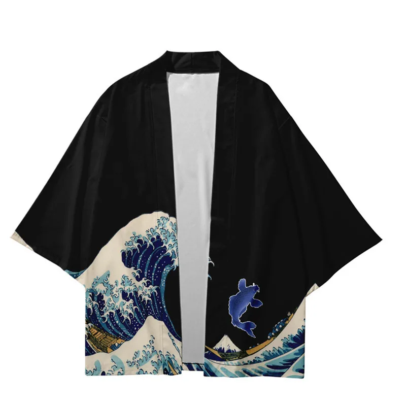 

Japanese Kimono Cardigan Women Men Japanese Obi Male Yukata Boys Haori Kanagawa Wave Carp Print Coat Traditional Japan Clothing