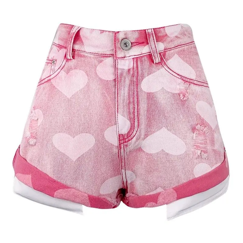 Sweet And Spicy Girl Pink Love Jeans Flanging Shorts Summer High Waist A Spice Girls Age-Reducing Wide-Leg Pants Women