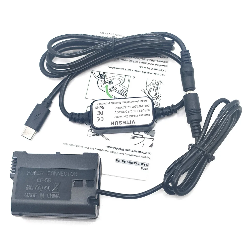 USB Type C USB-PD Converter to Power Cable+EP-5B DC Coupler EN-EL15 Dummy Battery For Nikon Z5 Z7 D850 D810 D800E D750 D610 D600