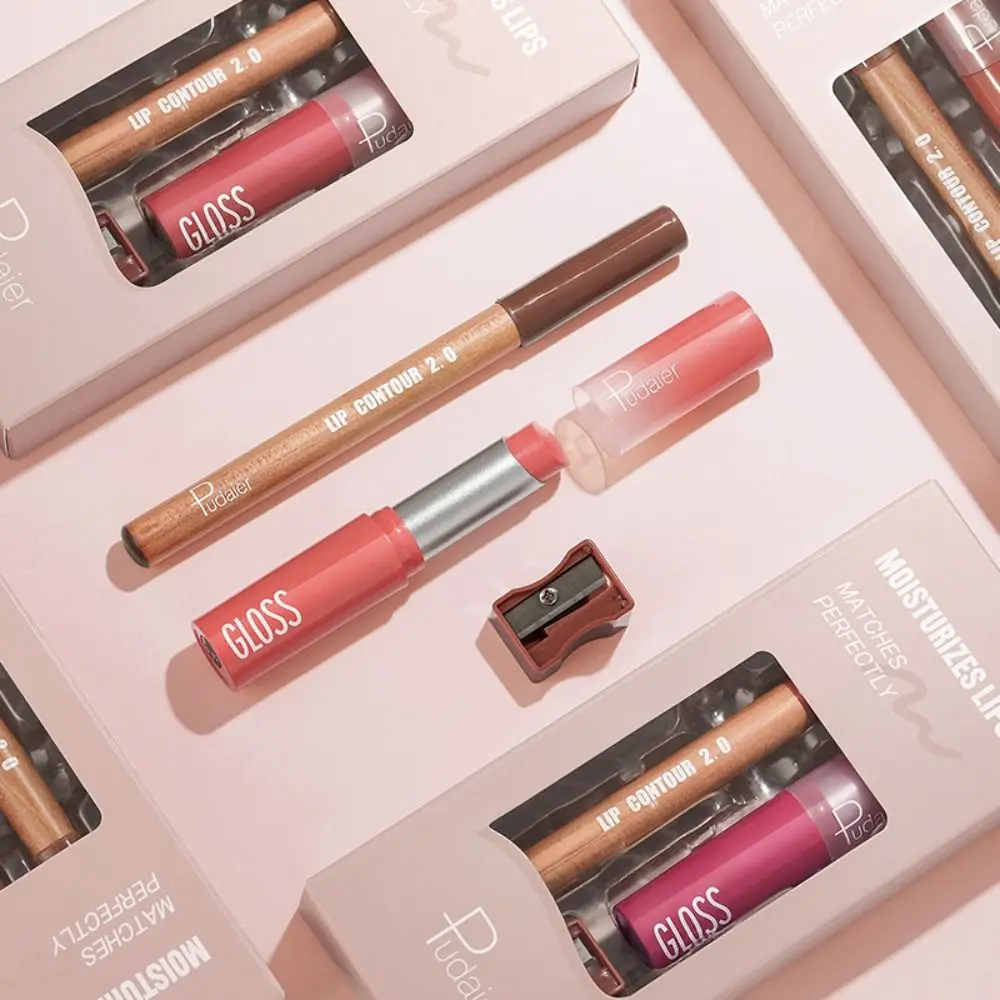 Matte Lip Pencil Lipstick and Lip Liner Combo Hydrating Lipstick Smooth Lip Liner and Lip Gloss Kit with Sharpener Non-Stick