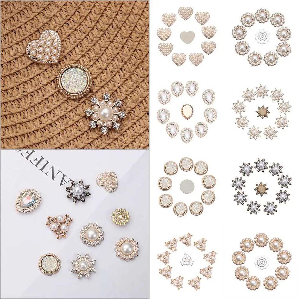 10PCS DIY Craft คริสตัลดอกไม้รูปไข่มุก Hairpins ปุ่ม Rhinestone เพิร์ลปุ่ม Headwear อุปกรณ์เสริม