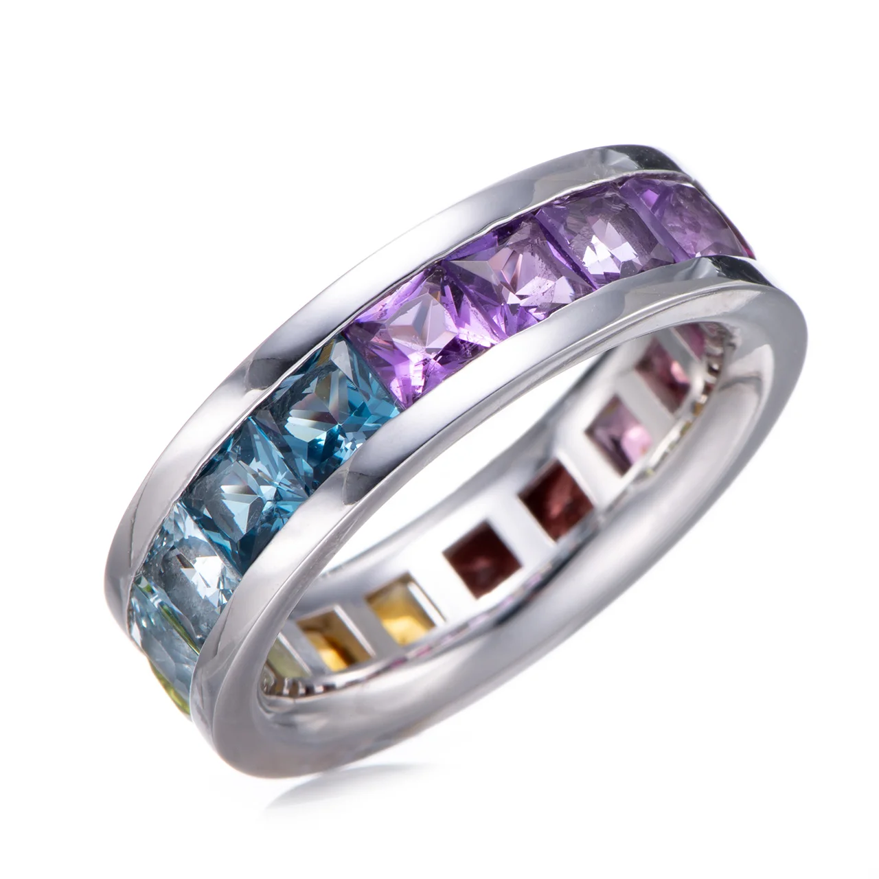 Multi Tourmaline,Garnet,Citrine,Peridot,Topaz,Amethyst,Rhodolite Rhodium Over Sterling Silver Ring