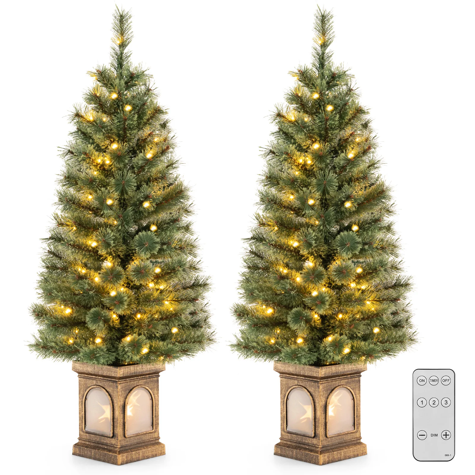 

2 PCS 4 FT Pre-Lit Potted Christmas Tree Pine Needles 3 Modes Remote Control