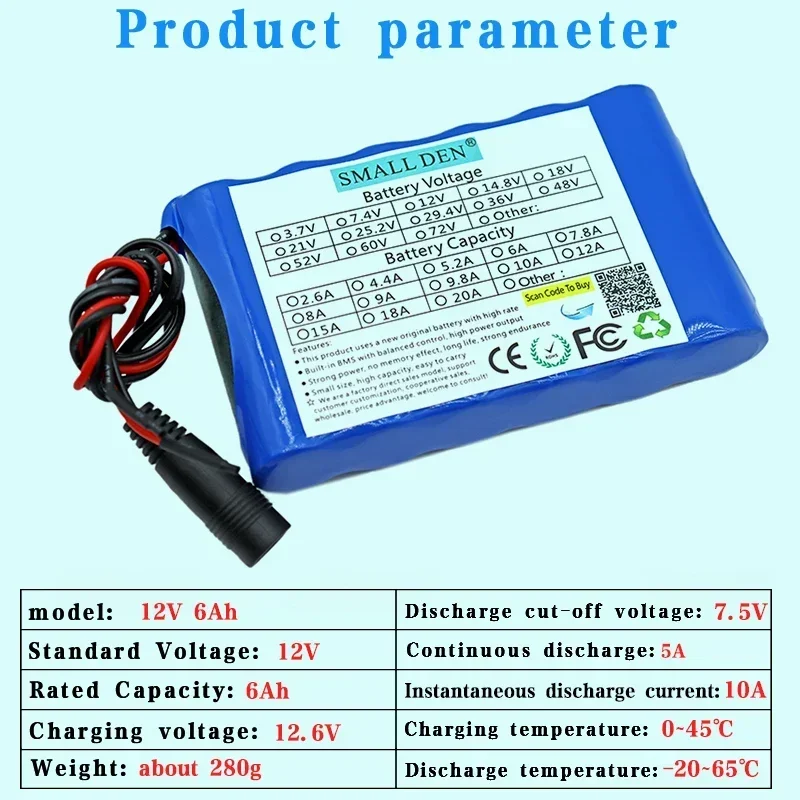 リチウム電池パック,高電流,充電式,bms120w,3s2p,12v,6a,18650, 6000mah