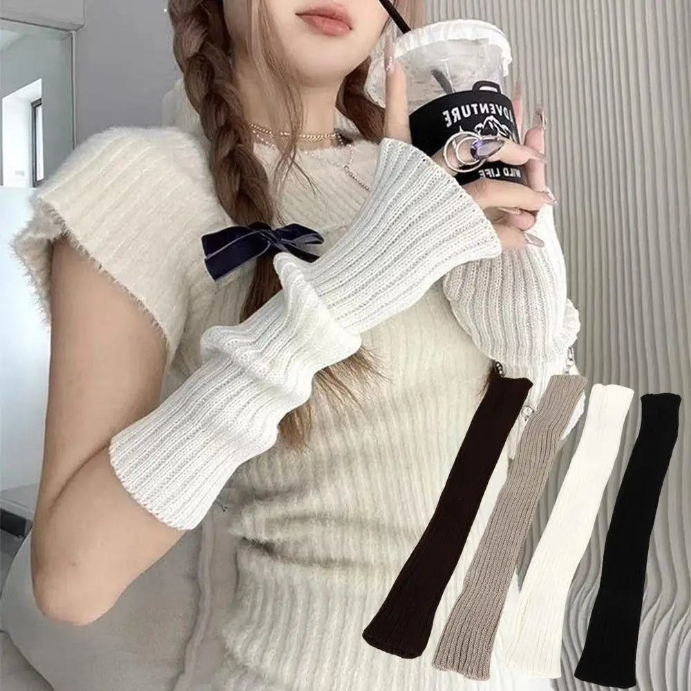 

Длинные полосатые перчатки 50 см, женские осенне-зимние вязаные теплые перчатки Y2K, однотонные зимние теплые перчатки с открытыми пальцами, искусственные рукава