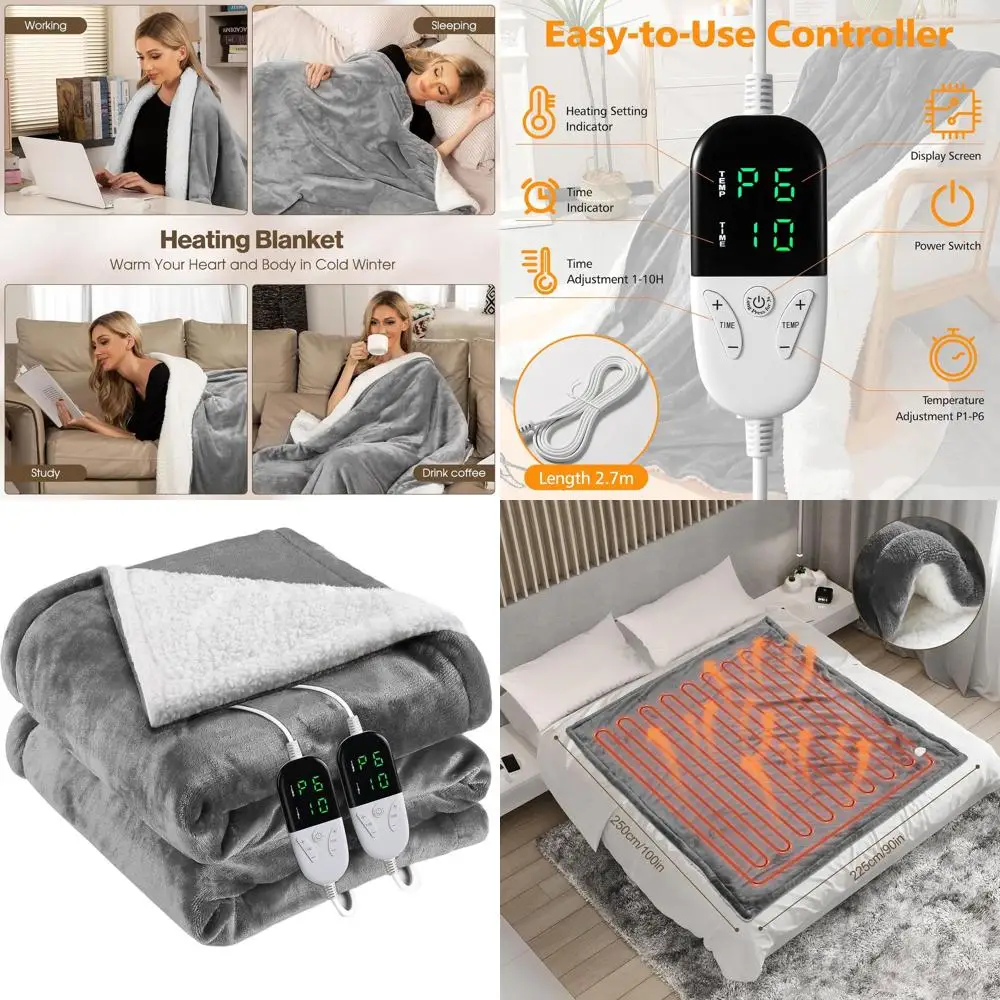 

King Size Electric Blanket 90x100 with 6 Heat Levels & 1-10 Hour Auto-Off Timer, Machine Washable for Home/Office (Gray)